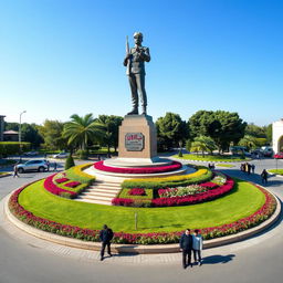 A vibrant roundabout featuring a tall statue of a Revolutionary Guards officer standing confidently in the center