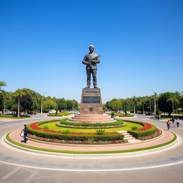 A vibrant roundabout featuring a tall statue of a Revolutionary Guards officer standing confidently in the center