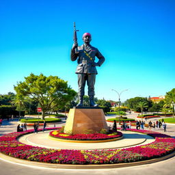 A vibrant roundabout featuring a tall statue of a Revolutionary Guards officer standing confidently in the center