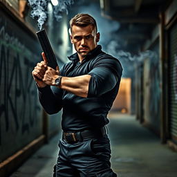 A strong, confident person holding a sleek modern handgun with a focused and determined expression