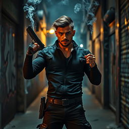 A strong, confident person holding a sleek modern handgun with a focused and determined expression