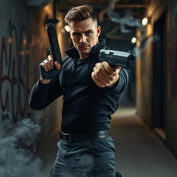 A strong, confident person holding a sleek modern handgun with a focused and determined expression