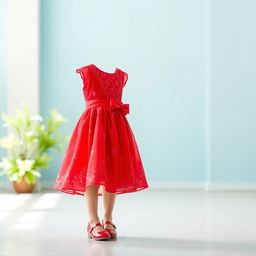 A beautiful red dress designed for young girls, featuring short sleeves and a flared skirt, adorned with delicate lace and bow detailing at the waist