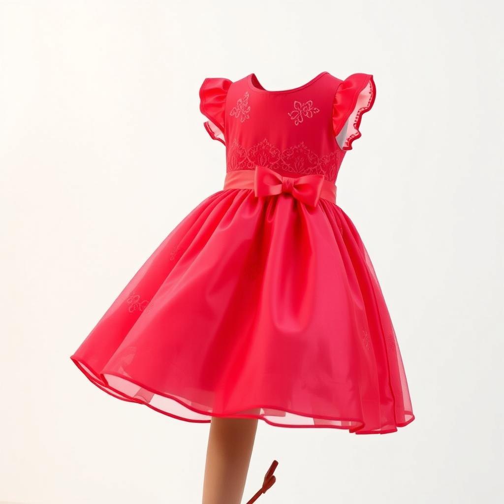 A beautiful red dress designed for young girls, featuring short sleeves and a flared skirt, adorned with delicate lace and bow detailing at the waist