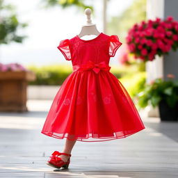 A beautiful red dress designed for young girls, featuring short sleeves and a flared skirt, adorned with delicate lace and bow detailing at the waist