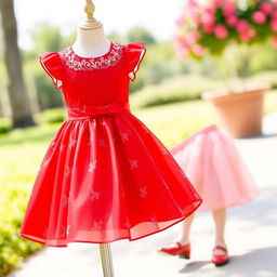 A beautiful red dress designed for young girls, featuring short sleeves and a flared skirt, adorned with delicate lace and bow detailing at the waist