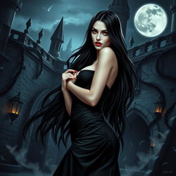 A mysterious and seductive vampire woman with long flowing black hair, piercing red eyes, and sharp fangs