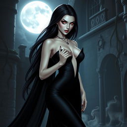 A mysterious and seductive vampire woman with long flowing black hair, piercing red eyes, and sharp fangs