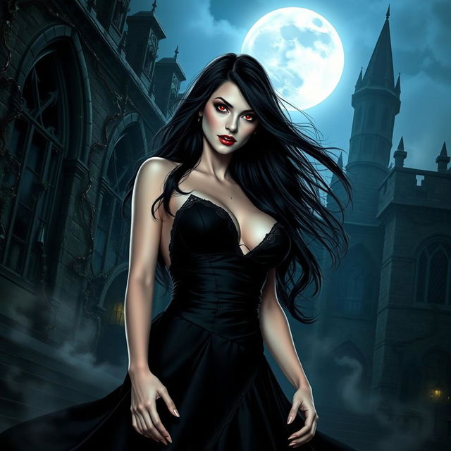 A mysterious and seductive vampire woman with long flowing black hair, piercing red eyes, and sharp fangs