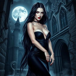A mysterious and seductive vampire woman with long flowing black hair, piercing red eyes, and sharp fangs