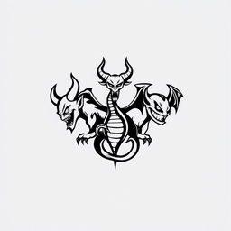 A minimalist black and white logo design featuring three distinct demons representing the apocalyptic theme