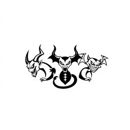 A minimalist black and white logo design featuring three distinct demons representing the apocalyptic theme