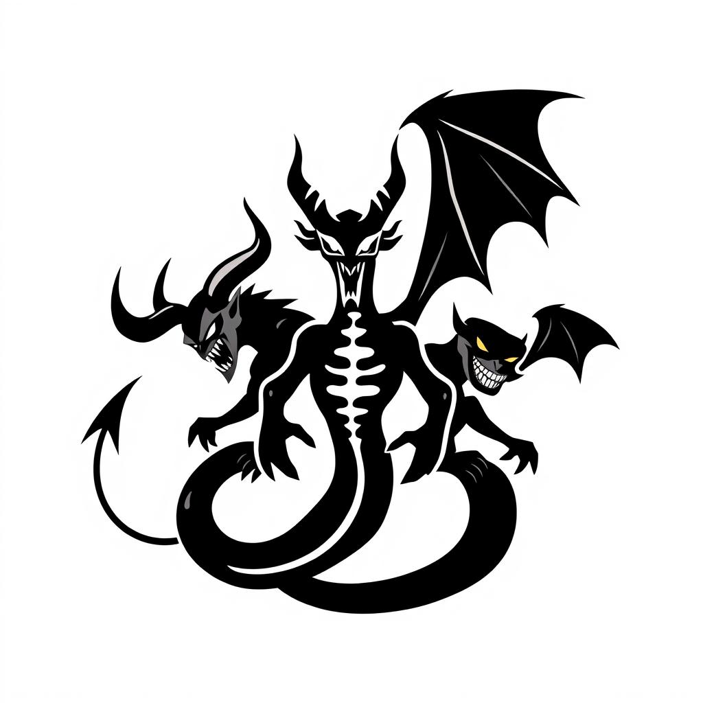 A minimalist black and white logo design featuring three distinct demons representing the apocalyptic theme