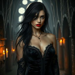 A seductive vampire woman with long flowing black hair, pale skin, and striking red lips, dressed in a form-fitting dark velvet gown adorned with lace
