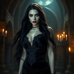 A seductive vampire woman with long flowing black hair, pale skin, and striking red lips, dressed in a form-fitting dark velvet gown adorned with lace