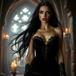 A seductive vampire woman with long flowing black hair, pale skin, and striking red lips, dressed in a form-fitting dark velvet gown adorned with lace