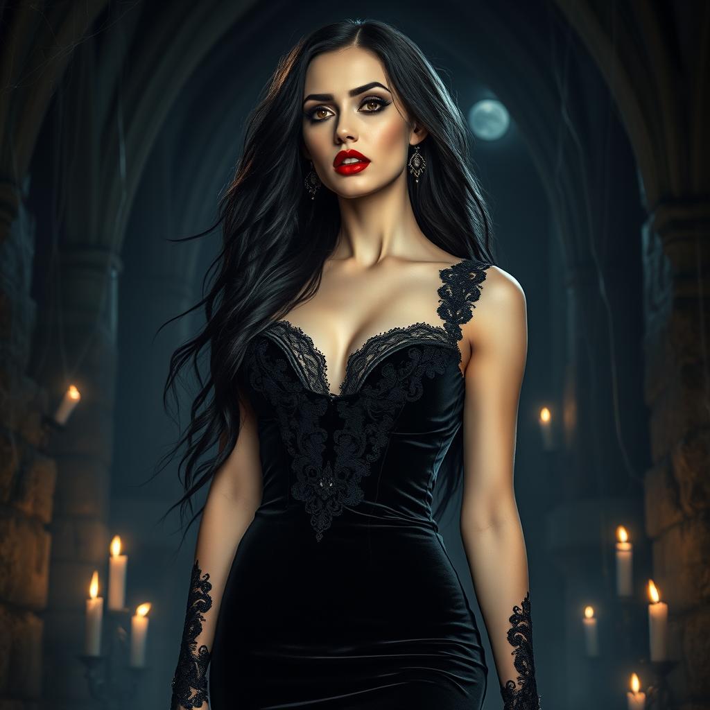 A seductive vampire woman with long flowing black hair, pale skin, and striking red lips, dressed in a form-fitting dark velvet gown adorned with lace