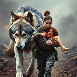 A gigantic silver, black, and white wolf walking beside a strong female Army Medic with brown hair pulled back in a neat army bun