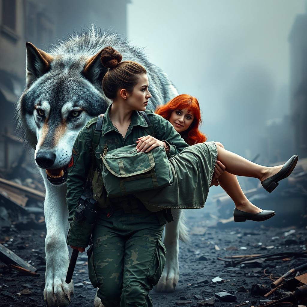 A gigantic silver, black, and white wolf walking beside a strong female Army Medic with brown hair pulled back in a neat army bun