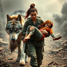 A gigantic silver, black, and white wolf walking beside a strong female Army Medic with brown hair pulled back in a neat army bun