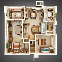 2BHK (bedroom, hall, and kitchen) home interior floor plan, designed with optimal flow of spaces, well organized living area, compact kitchen, sleek bathrooms and cosy bedrooms