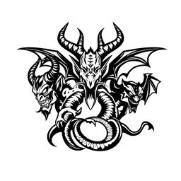 A black and white logo design showcasing three demons symbolizing the apocalypse