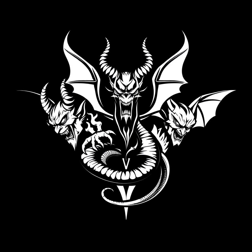 A black and white logo design showcasing three demons symbolizing the apocalypse
