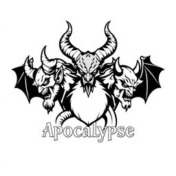 A black and white logo design showcasing three demons symbolizing the apocalypse