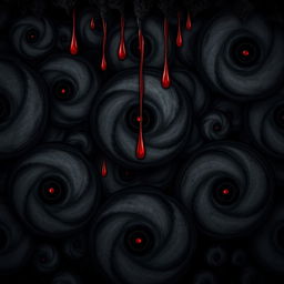 A surreal and eerie abstract pattern featuring swirling circles, enhanced by a dark, ominous atmosphere