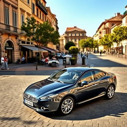 A stunning Fiat Croma parked in a picturesque European city square, showcasing its sleek design and elegant lines