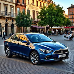 A stunning Fiat Croma parked in a picturesque European city square, showcasing its sleek design and elegant lines