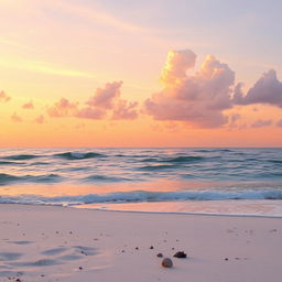A serene beach scene during sunset, featuring gentle waves lapping at the shore, with the sky painted in hues of orange, pink, and purple