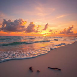 A serene beach scene during sunset, featuring gentle waves lapping at the shore, with the sky painted in hues of orange, pink, and purple
