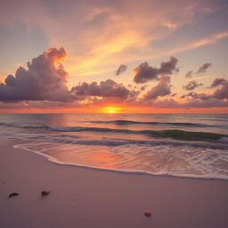 A serene beach scene during sunset, featuring gentle waves lapping at the shore, with the sky painted in hues of orange, pink, and purple