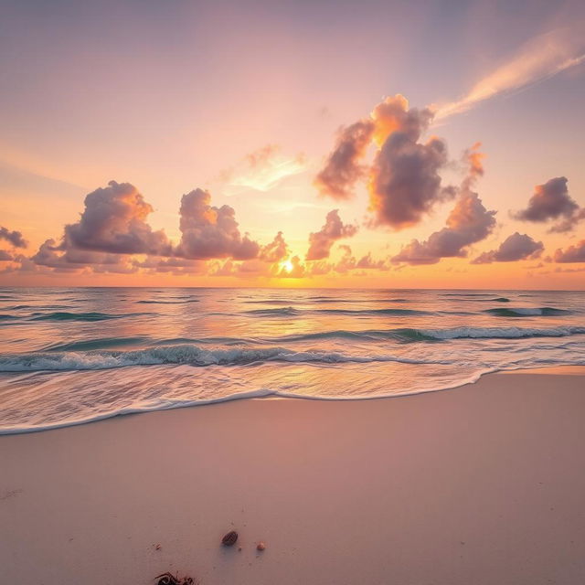 A serene beach scene during sunset, featuring gentle waves lapping at the shore, with the sky painted in hues of orange, pink, and purple