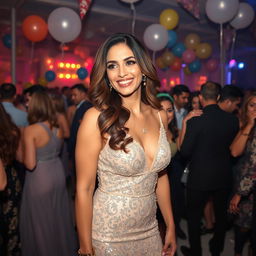 A lively party scene featuring a charismatic woman named Mahchehreh Khalili, dressed elegantly in a stunning gown that sparkles under the party lights