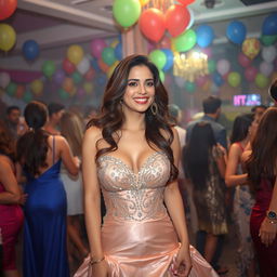A lively party scene featuring a charismatic woman named Mahchehreh Khalili, dressed elegantly in a stunning gown that sparkles under the party lights