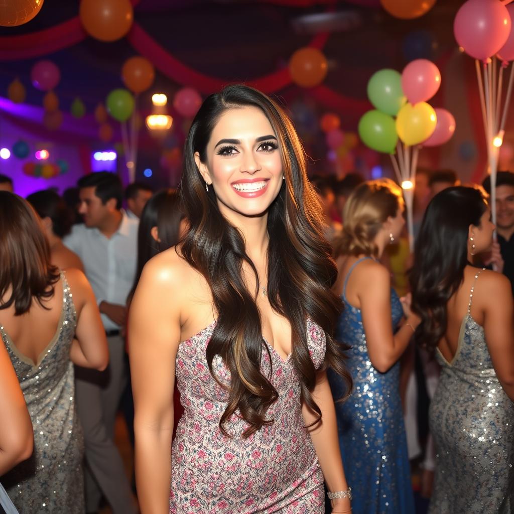 A lively party scene featuring a charismatic woman named Mahchehreh Khalili, dressed elegantly in a stunning gown that sparkles under the party lights