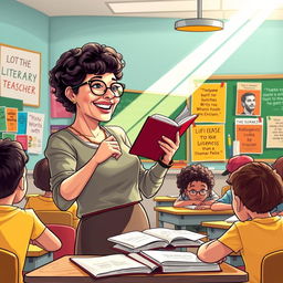 A captivating and inspiring illustration of an enthusiastic English teacher in a vibrant classroom setting