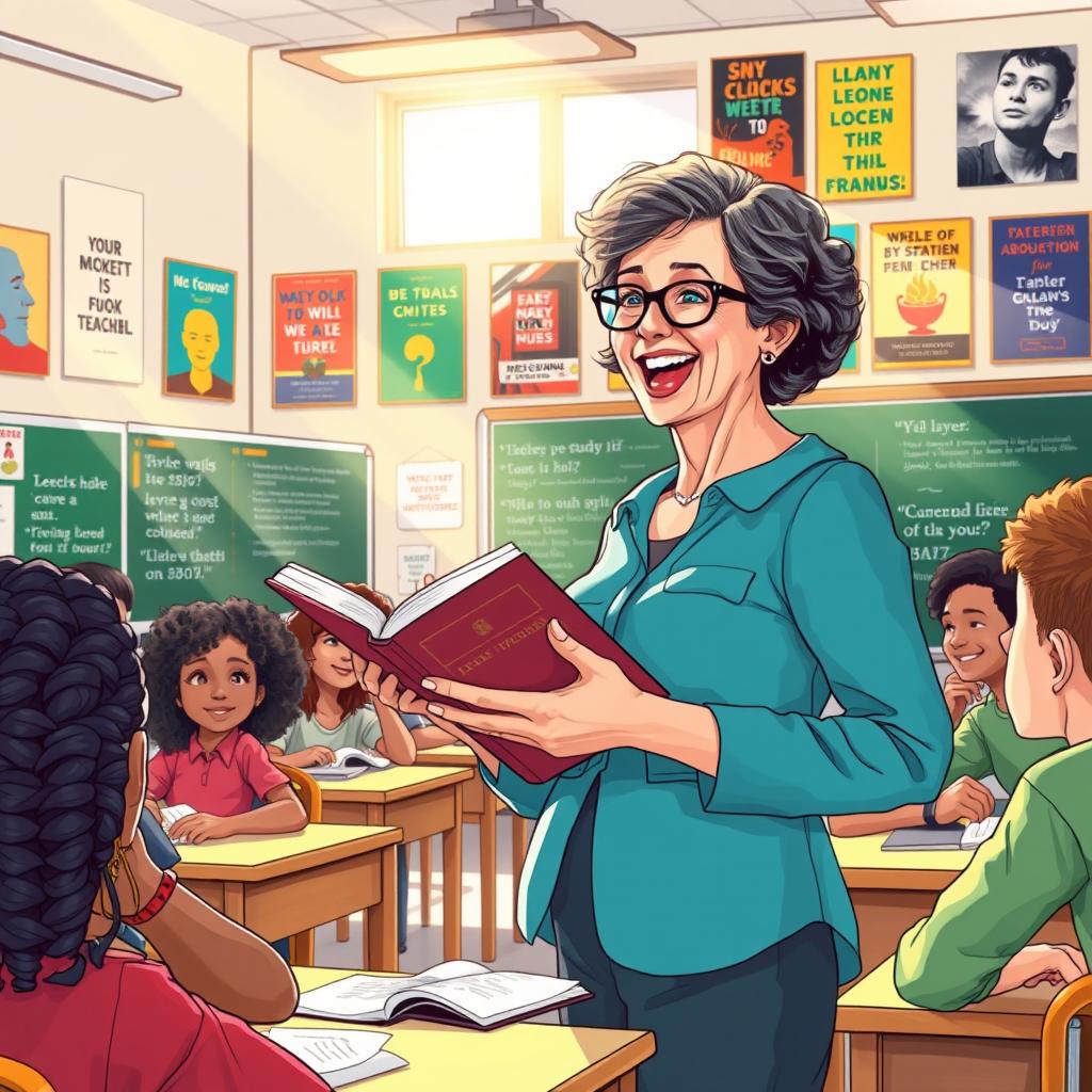 A captivating and inspiring illustration of an enthusiastic English teacher in a vibrant classroom setting