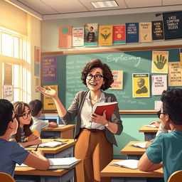 A captivating and inspiring illustration of an enthusiastic English teacher in a vibrant classroom setting