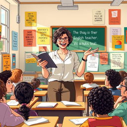 A captivating and inspiring illustration of an enthusiastic English teacher in a vibrant classroom setting