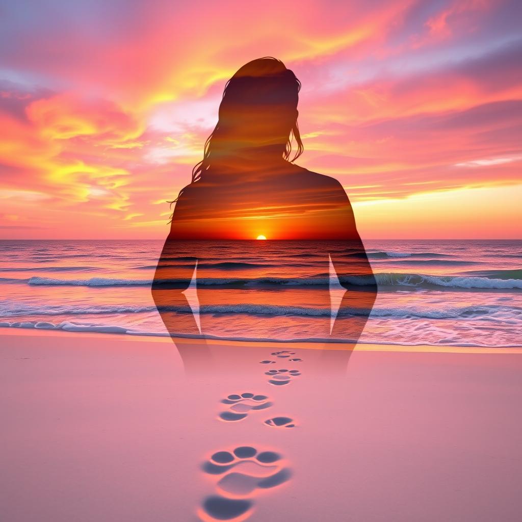 A collage featuring a scenic sunset over a tranquil beach, with vibrant orange, pink, and purple hues in the sky reflecting on gentle waves