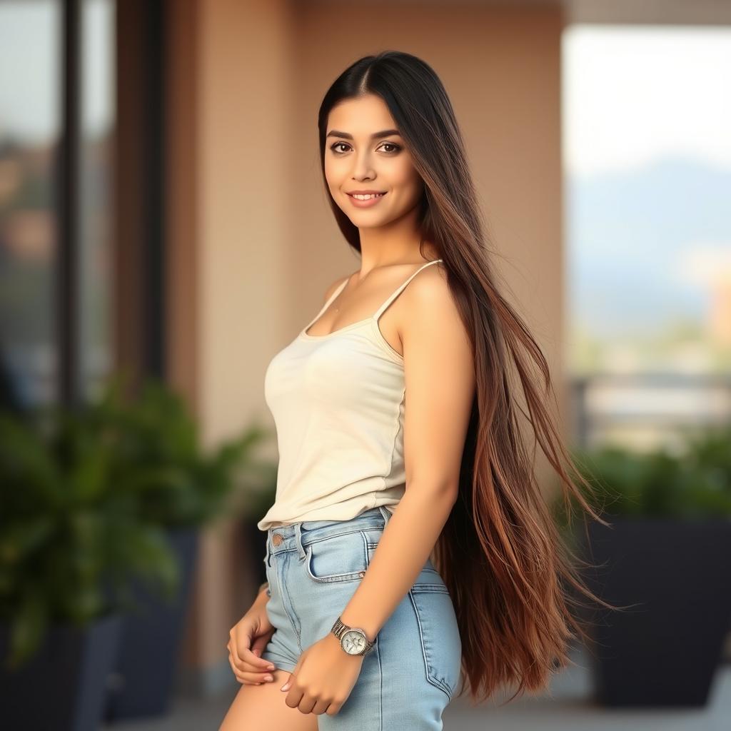 A full-length portrait of a young woman with long, flowing brunette hair and a slender figure