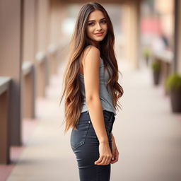 A full-length portrait of a young woman with long, flowing brunette hair and a slender figure