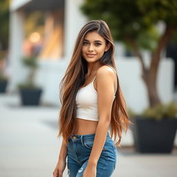 A full-length portrait of a young woman with long, flowing brunette hair and a slender figure