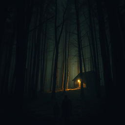 A chilling horror story scene featuring a dark, secluded forest at night