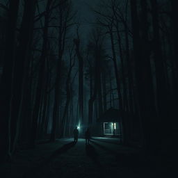 A chilling horror story scene featuring a dark, secluded forest at night