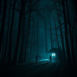 A chilling horror story scene featuring a dark, secluded forest at night