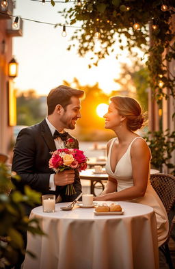 A romantic scene set in a quaint outdoor café during golden hour, with an elegant couple sharing a heartfelt moment